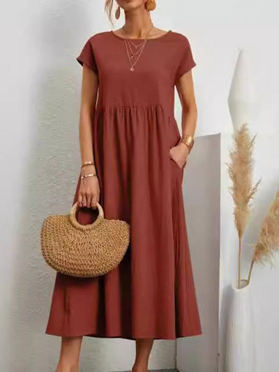 A-Line Plus Size Pleated Pockets Solid Color Round-Neck Midi Dresses