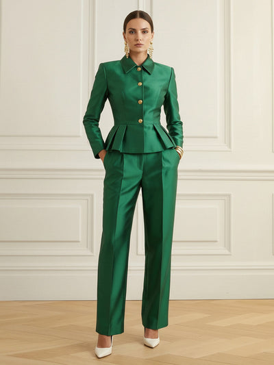 Elasticated Waist High Waisted Buttoned Contrast Color Ruffled Split-Joint Lapel Blazer Blouses&Shirts Tops