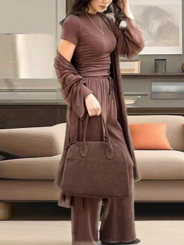 Loose Long Sleeves Cardigan Coat + Round-Neck T-Shirts + Drawstring Elasticity Pants Three Pieces Set