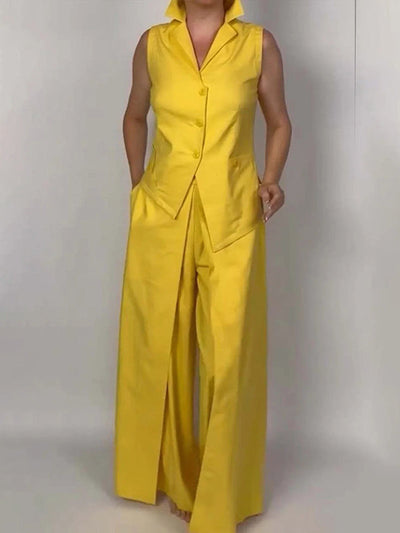 Sleeveless Solid Color Split-Joint Lapel Vest Top