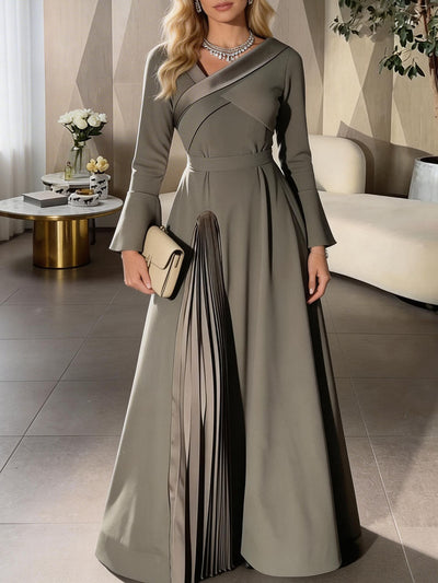 A-Line Wrap Pleated Solid Color Split-Joint V-Neck Maxi Dresses