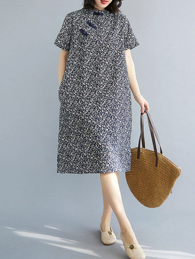 Artistic Retro Floral Printed Stand Collar Short Sleeves Cheongsam Midi Dress