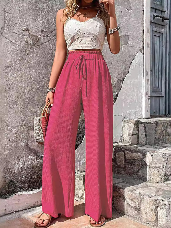 Loose Wide Leg Drawstring Elasticity Solid Color Split-Joint Pants Trousers