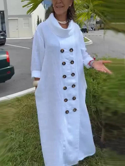 Long Sleeves Loose Buttoned Solid Color Stand Collar Maxi Dresses