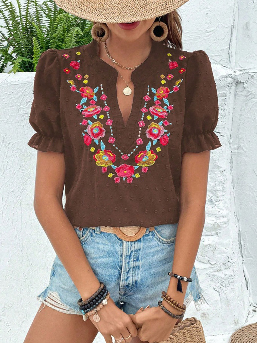 Loose Puff Sleeves Flower-Embellished Contrast Color Jacquard Pleated Ruffled Split-Joint V-Neck Blouses&Shirts Tops