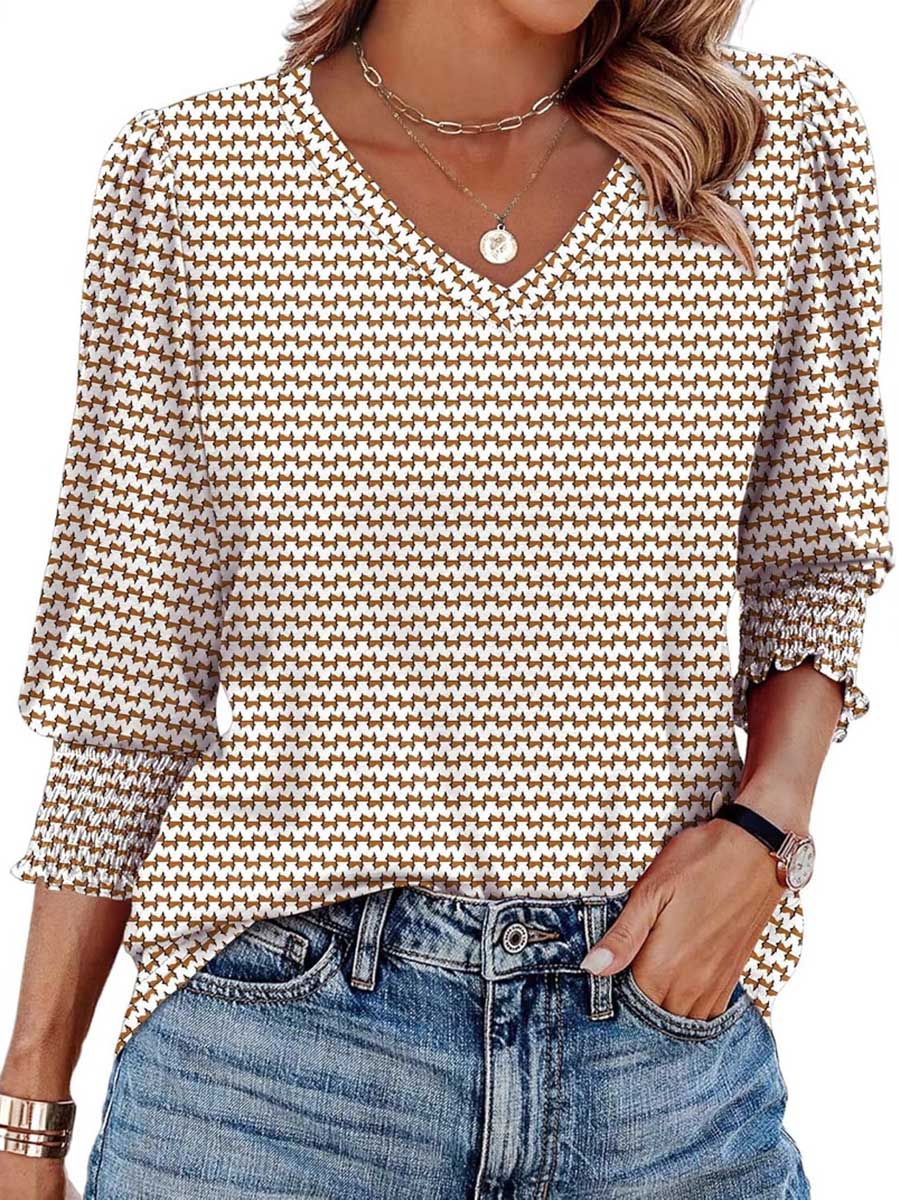 Long Sleeves Loose Contrast Color Pleated Printed Split-Joint V-Neck T-Shirts Tops