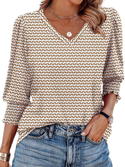 Long Sleeves Loose Contrast Color Pleated Printed Split-Joint V-Neck T-Shirts Tops