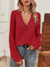 Flared Sleeves Long Sleeves Elasticity Embroidered Solid Color Split-Joint V-neck T-Shirts Tops
