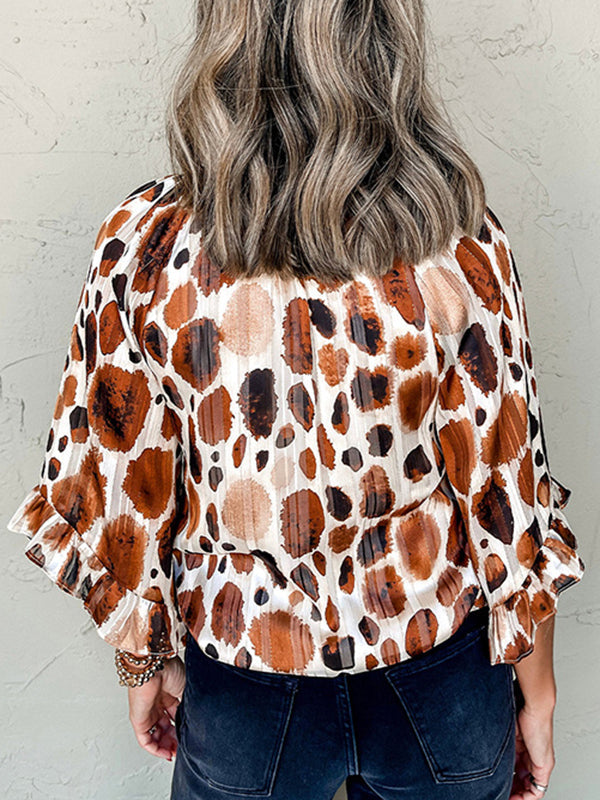 Long Sleeves Loose Contrast Color Pleated Split-Joint V-neck Blouses&shirts Tops