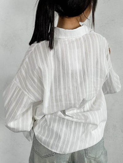 Long Sleeves Loose Buttoned Solid Color Split-Joint Striped Lapel Blouses&Shirts Tops