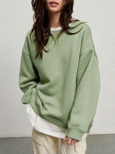 Long Sleeves Loose Solid Color Round-Neck Sweatshirt Tops