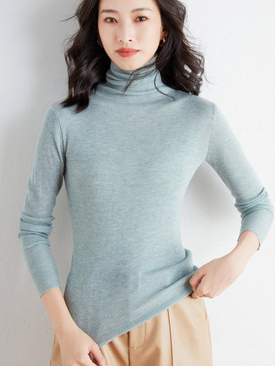 Simple Skinny Long Sleeves Solid Color High-Neck Sweater Tops Pullovers