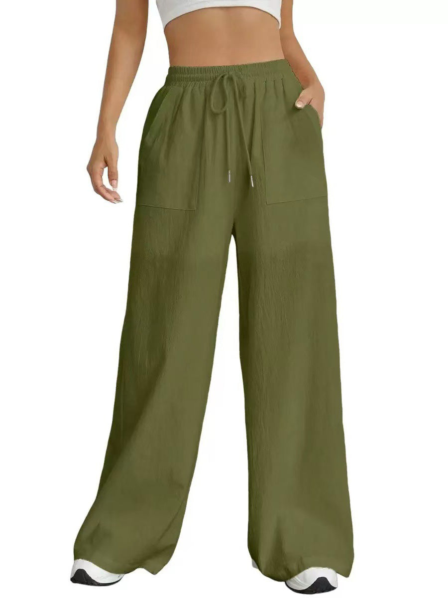 High Waisted Wide Leg Elasticity Pleated Pockets Solid Color Tied Waist Pants Trousers