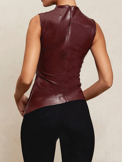 Skinny Sleeveless Asymmetric Pleated Solid Color Mock Neck Vest Top