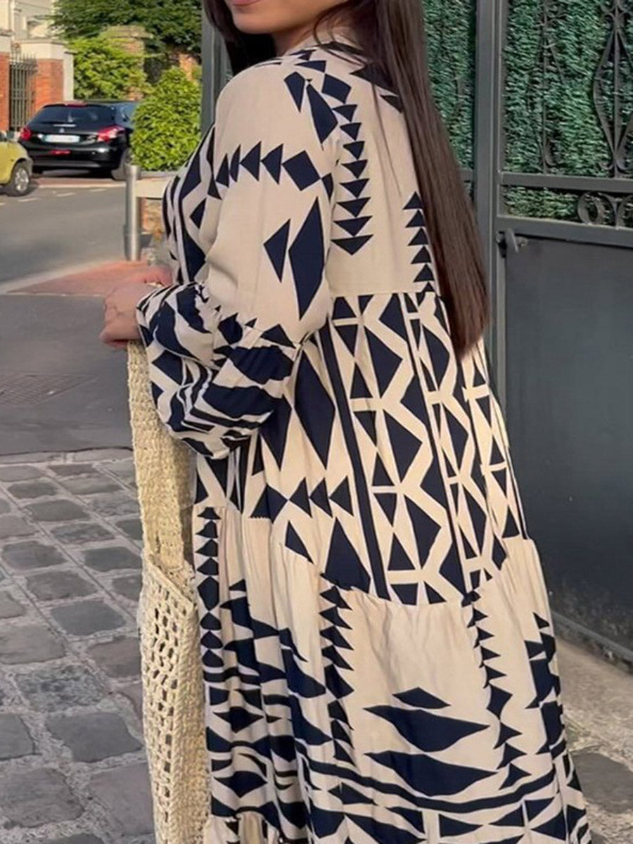 A-Line Long Sleeves Buttoned Contrast Color Pleated Printed Split-Joint Stand Collar Maxi Dresses Shirt Dress