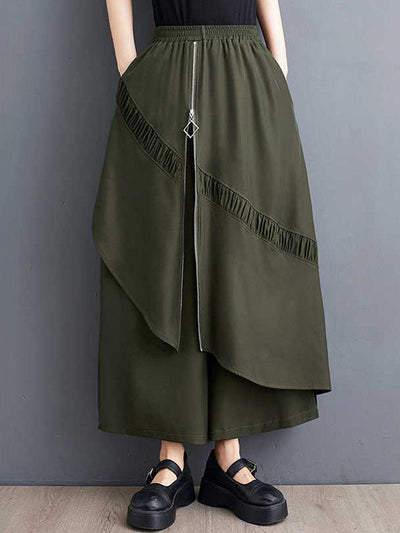 High Waisted Loose Elasticity Pleated Pockets Split-Joint Zipper Culotte Pants