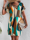 A-Line Loose Contrast Color Printed Zipper V-Neck Mini Dresses