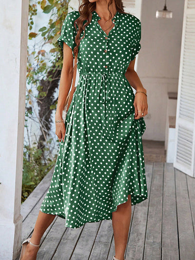 A-Line High Waisted Buttoned Drawstring Polka-Dot V-Neck Midi Dresses