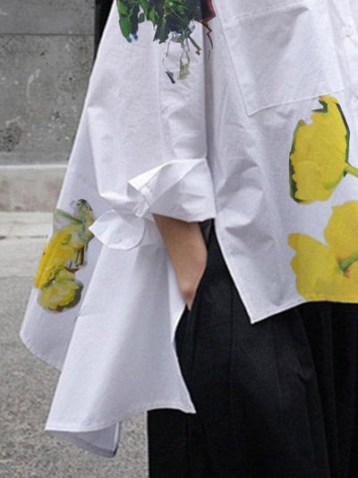 High-Low Long Sleeves Buttoned Flower Print Pockets Split-Side Stand Collar Blouses&Shirts Tops