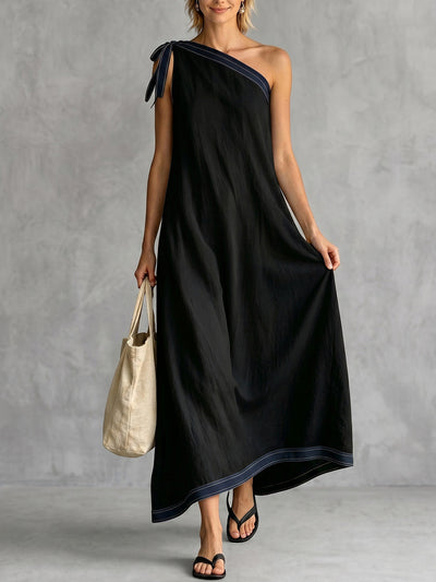 A-Line Sleeveless Asymmetric Contrast Color One-Shoulder Maxi Dresses