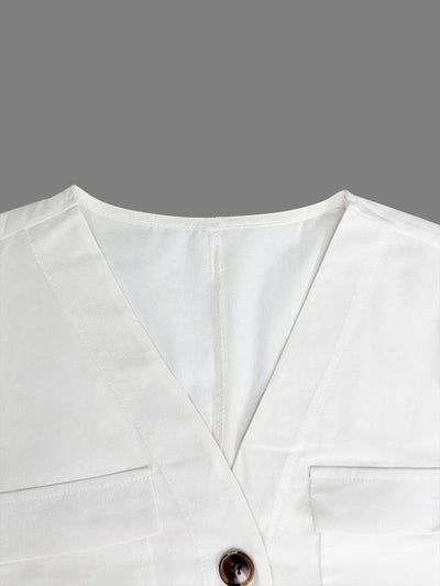 Loose Short Sleeves Buttoned Pockets Solid Color V-Neck Jumpsuits