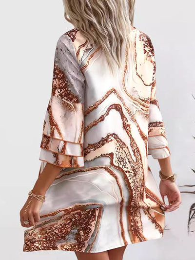 A-Line Flared Sleeves Layered Printed Split-Joint V-Neck Mini Dresses