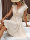 A-line Loose Elasticity Jacquard Pleated Solid Color V-neck Mini Dresses