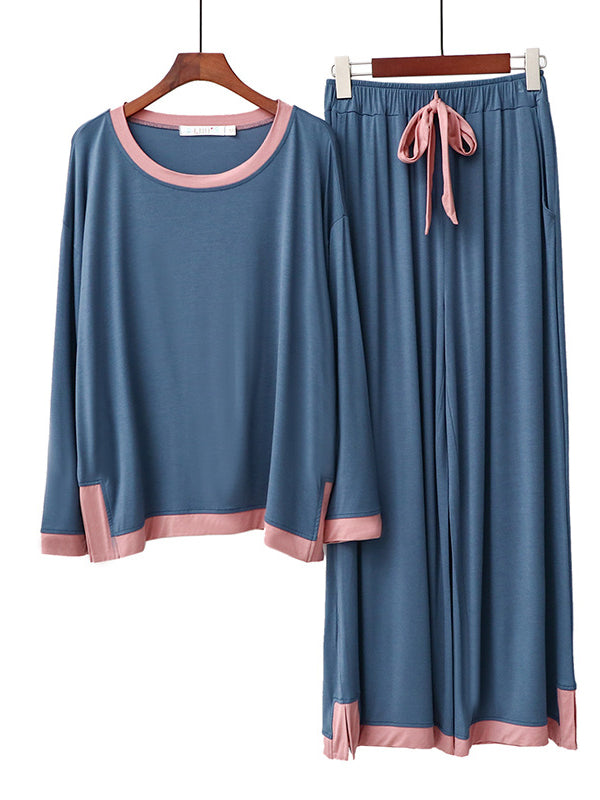 Long Sleeves Loose Contrast Color Round-Neck Two Pieces Pajama Set