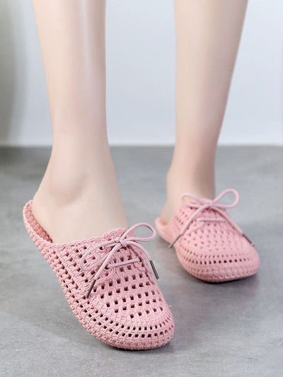 Hollow Lace-Up Round-Toe Mules&Slides Slippers