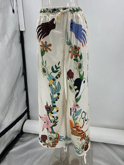 Half Sleeves Loose Buttoned Flower Print Pockets Lapel T-Shirt Top + Drawstring Elasticity Pants Bottom Two Pieces Set