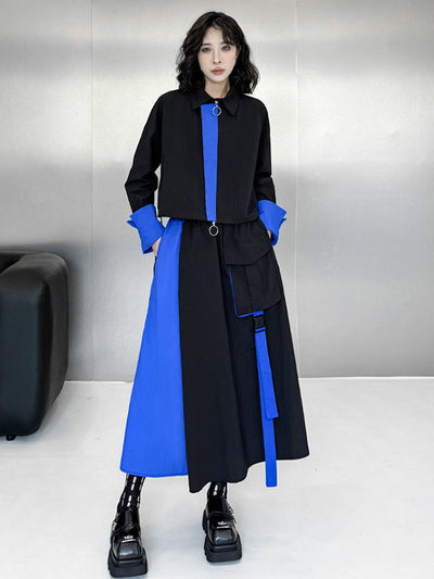 Asymmetric Contrast Color Split-Joint Lapel Blouses&Shirts Tops + A-Line Elasticated Waist Pockets Streamer Skirts Bottoms Two Pieces Set