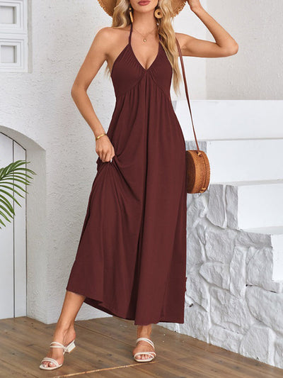A-Line Loose Pleated Solid Color Split-Joint Deep V-Neck Maxi Dresses