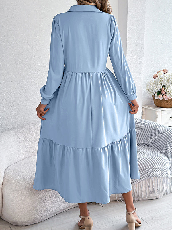 High Waisted Long Sleeves Pleated Ruffled Solid Color Lapel Midi Dresses Shirt Dress