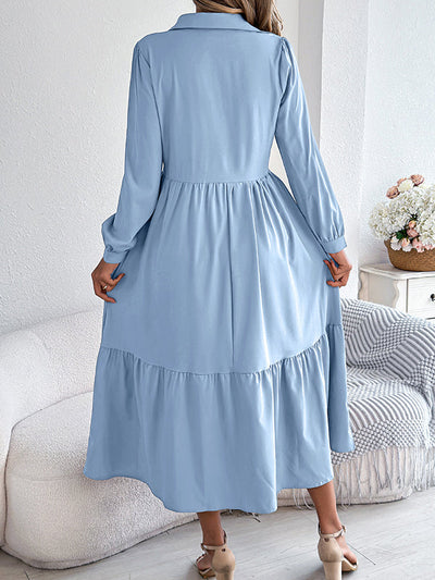 High Waisted Long Sleeves Pleated Ruffled Solid Color Lapel Midi Dresses Shirt Dress