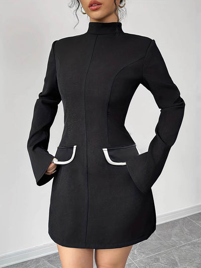 A-Line Flared Sleeves Contrast Color Pockets Split-Joint Zipper Mock Neck Mini Dresses