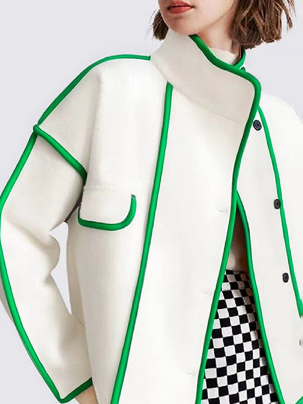 Long Sleeves Loose Buttoned Contrast Color Pockets Split-Joint Stand Collar Woolen Coat