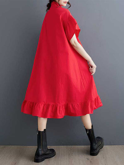 Loose Short Sleeves Asymmetric Buttoned Ruffled Solid Color Three-Dimensional Flower Lapel Midi Dresses
