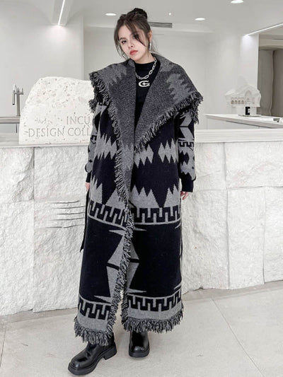 Long Sleeves Loose Contrast Color Geometric Split-Joint Tasseled Lapel Outerwear Overcoat
