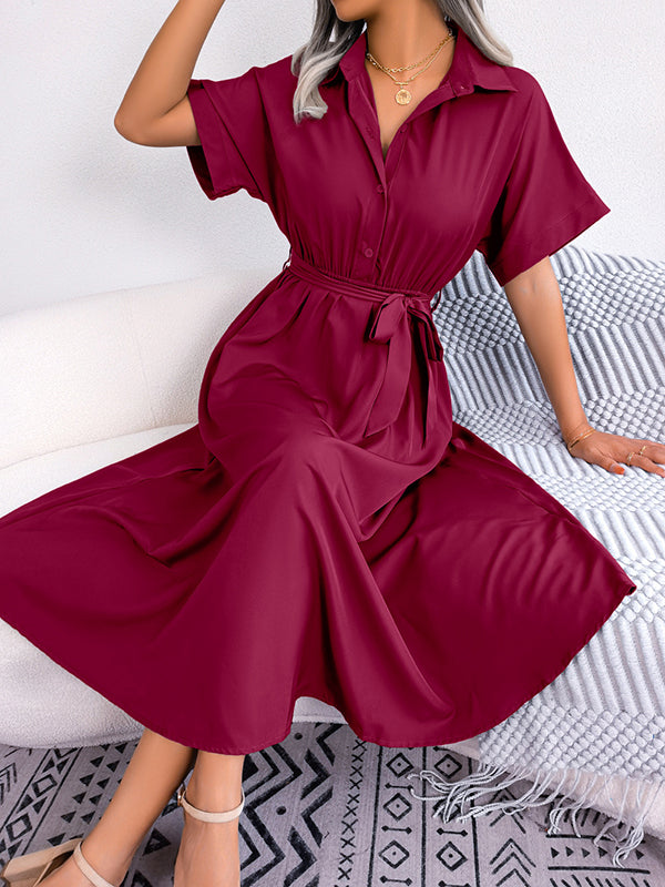Loose Short Sleeves Solid Color Split-Joint Tied Waist Lapel Midi Dresses Shirt Dress