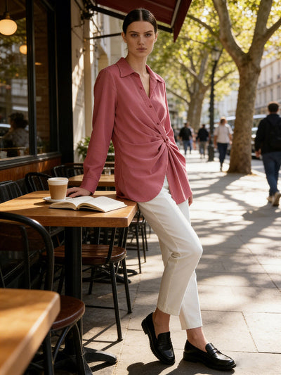 Long Sleeves Wrap Asymmetric Knot Pleated Lapel Blouses&Shirts Tops