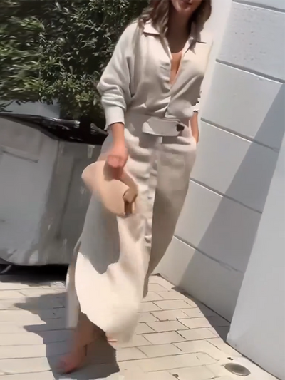 Long Sleeves Loose Split-Joint Split-Side V-Neck Maxi Dresses Shirt Dress