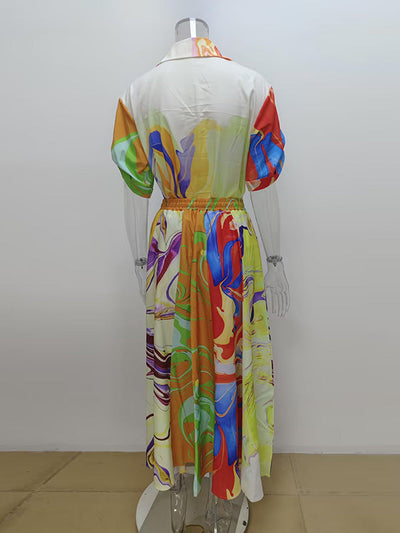 Loose Asymmetric Printed Lapel Blouse + A-Line Drawstring Elasticity Skirt Two Pieces Set