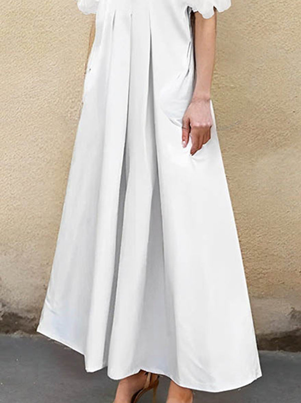 A-Line Loose Pleated Solid Color Split-Joint Lapel Maxi Dresses Shirt Dress