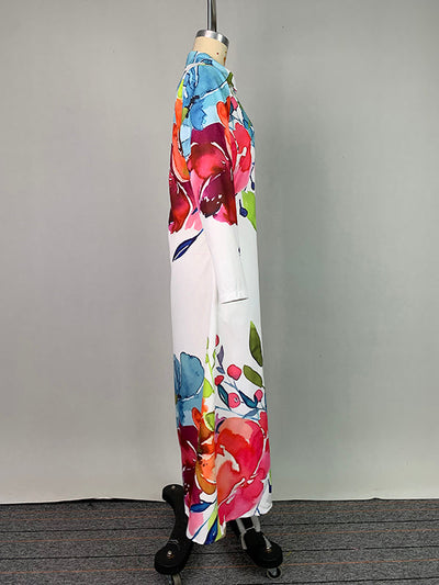 Long Sleeves Loose Buttoned Flower Print Lapel Maxi Dresses Shirt Dress