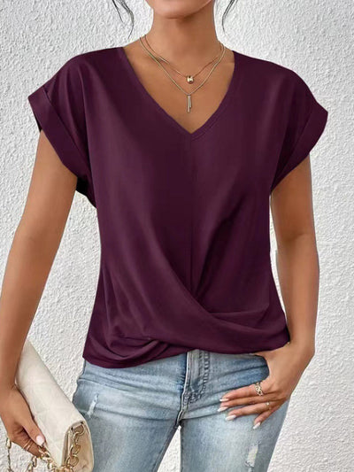 Loose Short Sleeves Pleated Solid Color V-Neck T-Shirts Tops