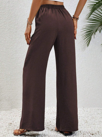 High Waisted Loose Elasticity Pleated Solid Color Tied Waist Pants Trousers