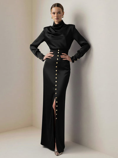 Split-Joint Heaps Collar Long Sleeves Pleated Blouses&Shirts Tops + Elasticated Waist Asymmetric Buttoned  Contrast Color Split-Side Zipper Skirts Bottoms Two Pieces Set