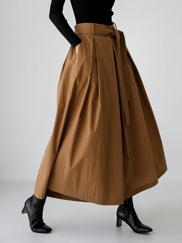 High Waisted Loose Pleated Solid Color Tied Waist Wide Leg Pants Trousers