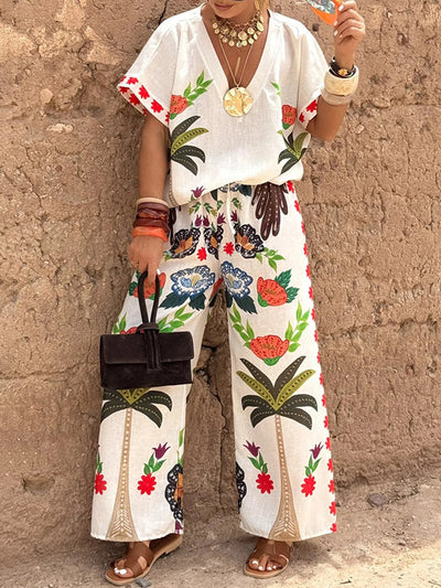 High Waisted Loose Drawstring Elasticity Printed Split-Joint Pants Trousers