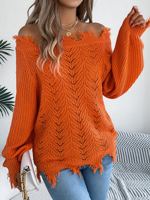 Long Sleeves Hollow Knitted Leaves Ribbed Knit See-Through Solid Color Off-The-Shoulder Sweater Tops